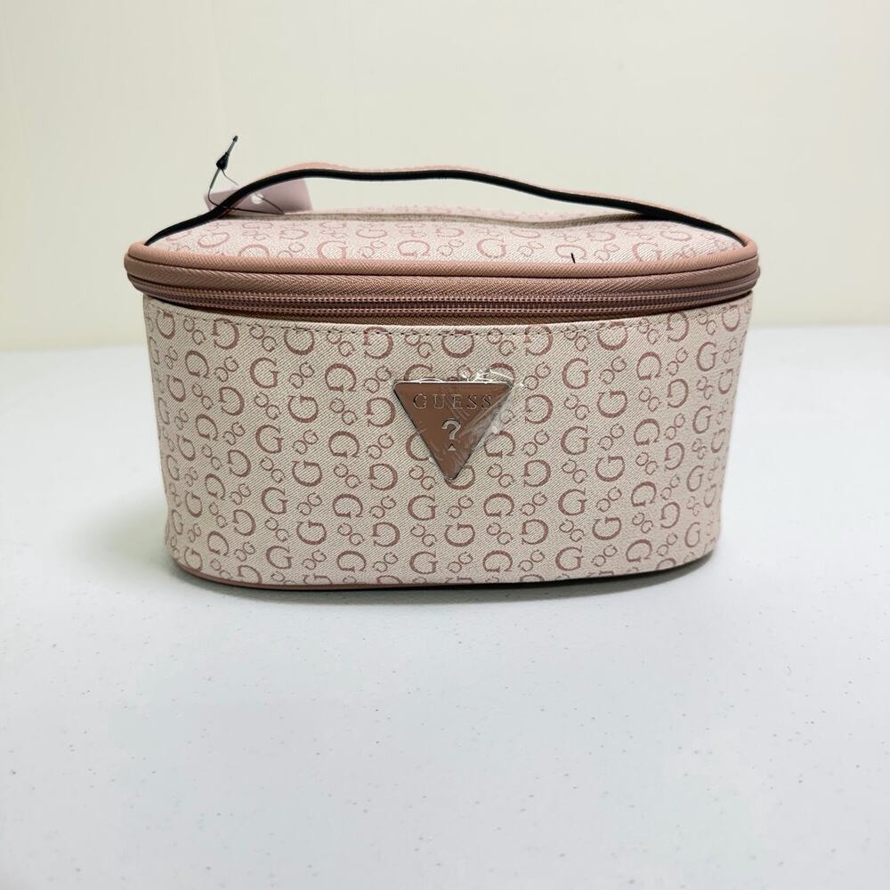 GUESS Travel Cosmetic Makeup Bag Vanity Case Pink Monogram Logo Print